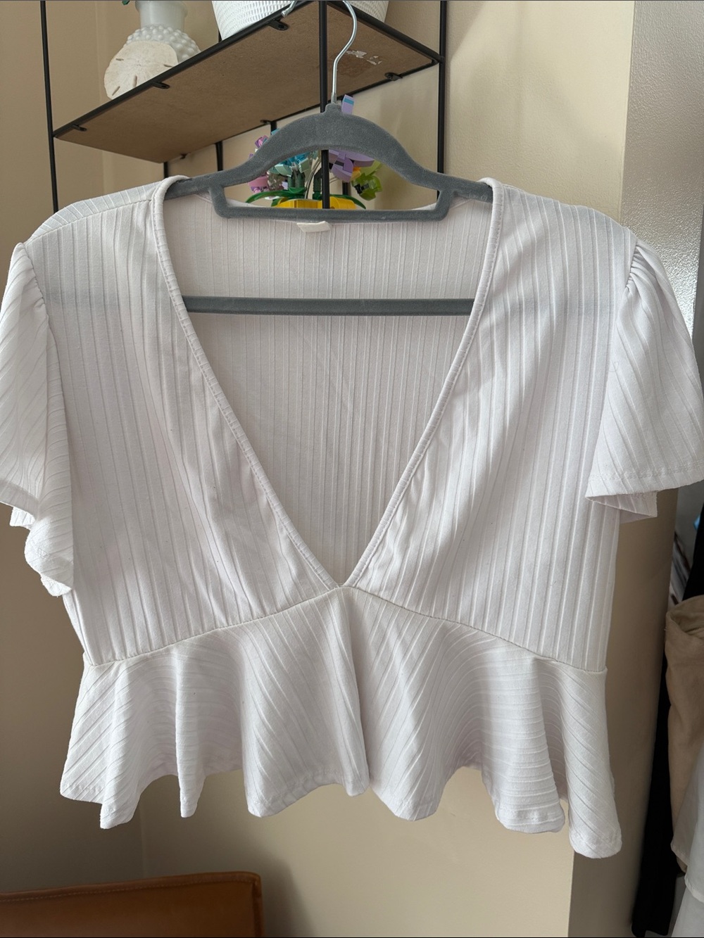 Amazon White Ribbed V-Neck Peplum Crop Top